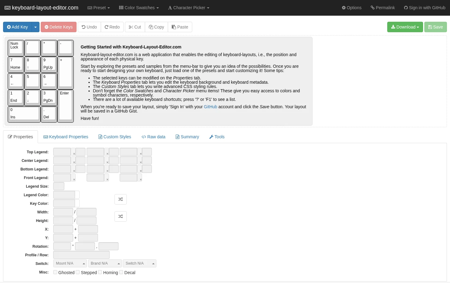 Keyboard Layout Editor 页面快照